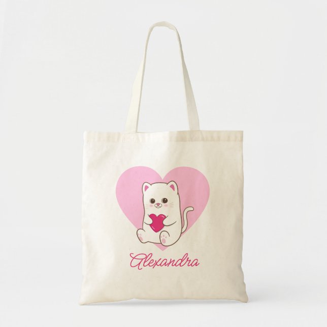 Personlig Cute Kawaii Rosa Heart Cat Kärlek Tygkasse (Framsidan)