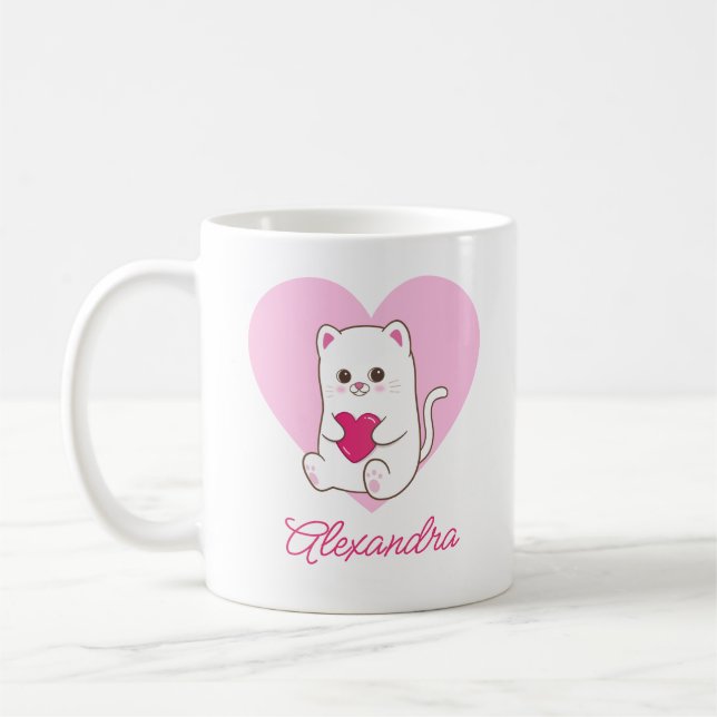 Personlig Cute Kawaii Rosa Heart Cat Namn Kaffemugg (Vänster)