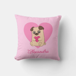 Personlig Cute Kawaii Rosa Heart Pug Baby Namn Kudde