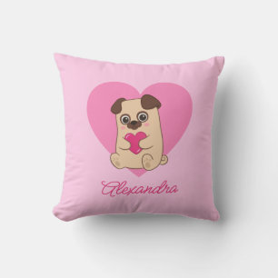 Personlig Cute Kawaii Rosa Heart Pug Baby Namn Kudde