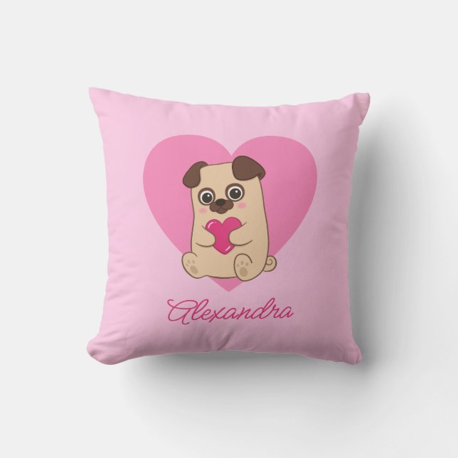 Personlig Cute Kawaii Rosa Heart Pug Baby Namn Kudde (Framsida)