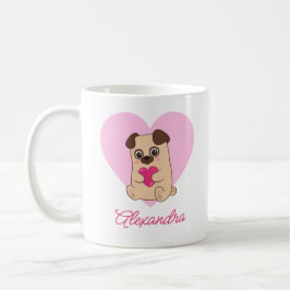 Personlig Cute Kawaii Rosa Heart Pug Namn Kaffemugg