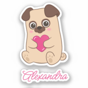 Personlig Cute Kawaii Rosa Heart Pug Namn Klistermärken
