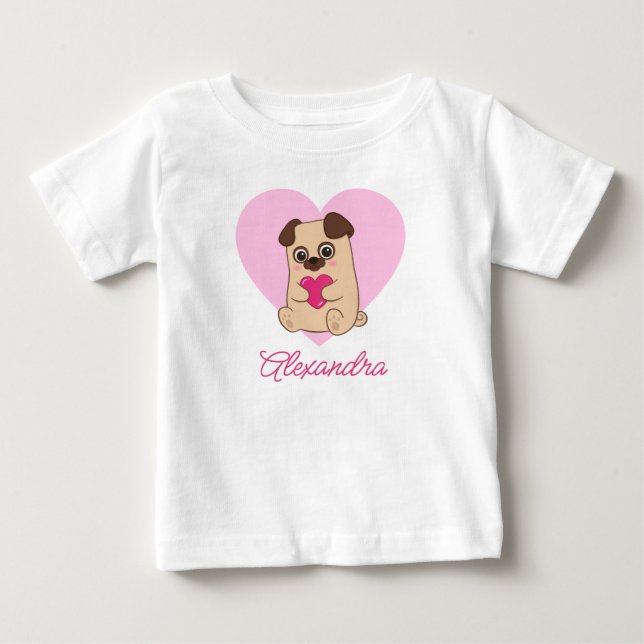 Personlig Cute Kawaii Rosa Heart Pug Namn T Shirt (Framsida)
