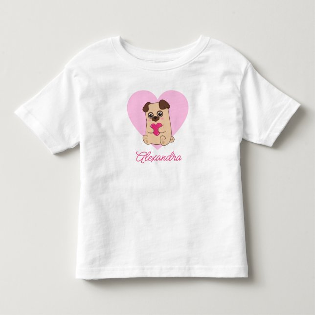 Personlig Cute Kawaii Rosa Heart Pug Namn T Shirt (Framsida)