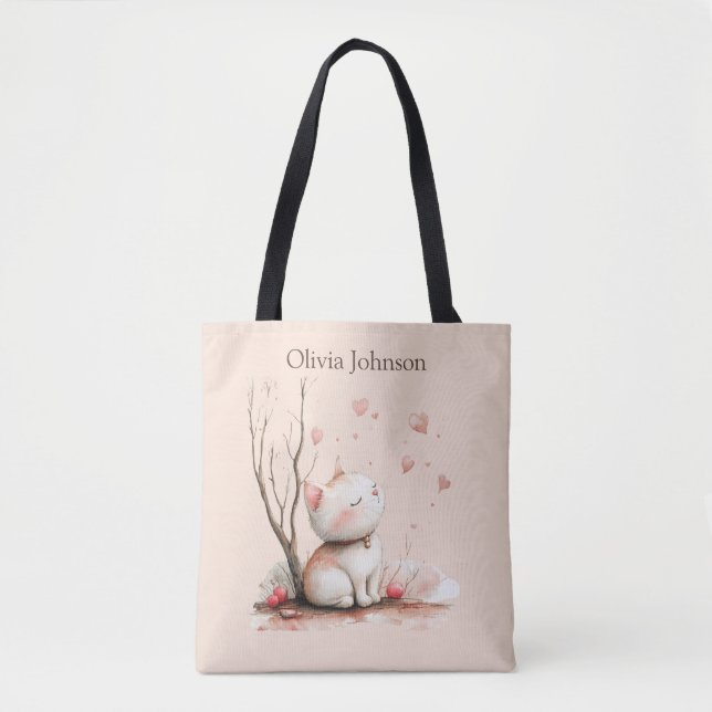 Personlig Cute Kitten med Hearts Tote Bag Tygkasse (Framsida)