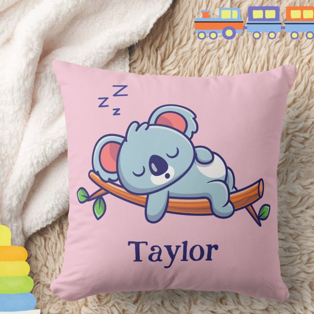 Personlig Cute Koala Bear Tecknad Flicka Kudde (This cute sleeping koala throw pillow may be personalized with baby's or child's name. )