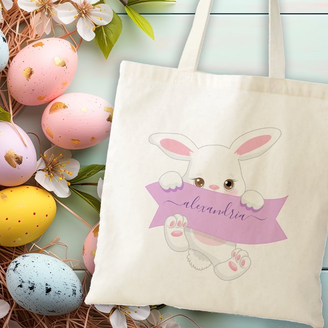 Personlig Cute Lila Ribbon Påskhare Girl Tygkasse (Personalized Cute Purple Ribbon Easter Bunny Girl Tote Bag)