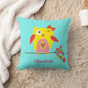 Personlig Cute Little Uggla Rosa Flowers Kudde