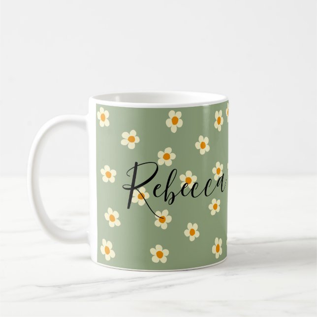 Personlig Cute Modern Daisy Mönster Grönt Kaffemugg (Vänster)