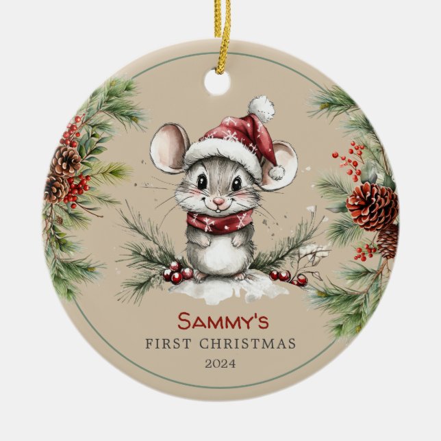 Personlig Cute Mouse Baby Första jul Julgransprydnad Keramik (Framsidan)