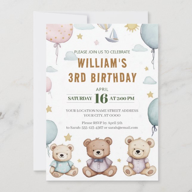 Personlig Cute Nalle Birthday-inbjudan Inbjudningar (Framsida)