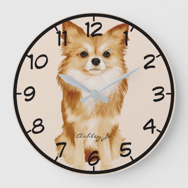 Personlig Cute Papillon Hund Vattenfärg Stor Klocka (Framsida)