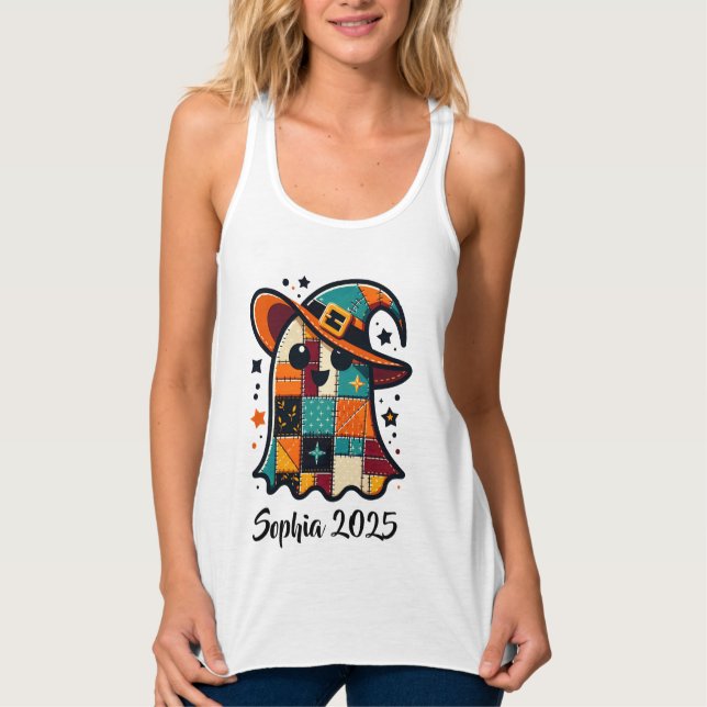Personlig Cute Patchwork Ghost Halloween Linne Med Racerback (Framsida)