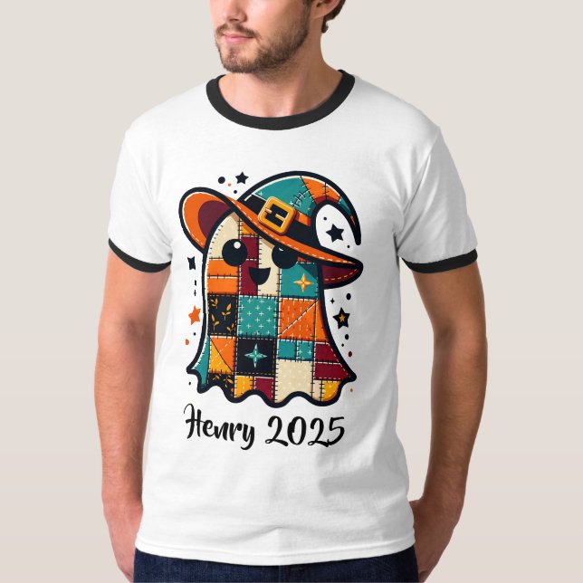 Personlig Cute Patchwork Ghost Halloween T Shirt (Framsida)