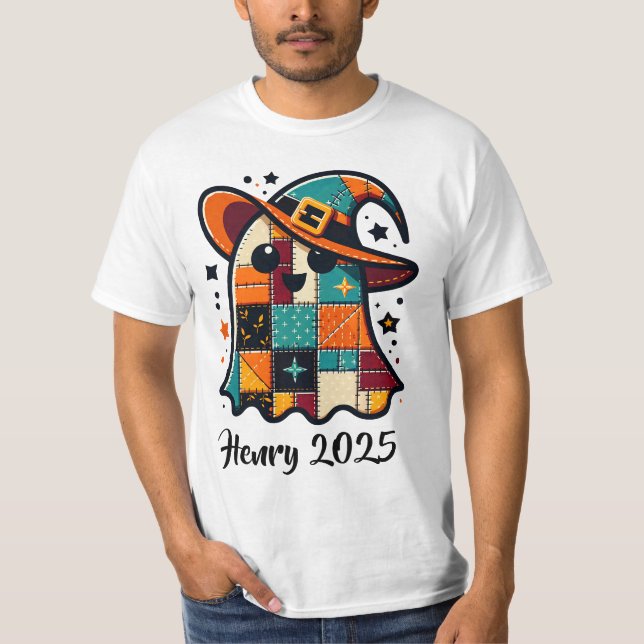 Personlig Cute Patchwork Ghost Halloween T Shirt (Framsida)