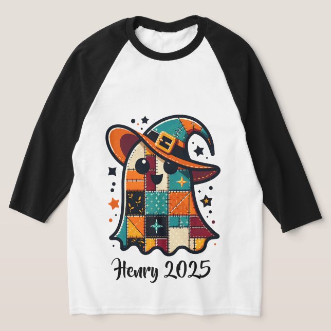 Personlig Cute Patchwork Ghost Halloween T Shirt (Laydown)
