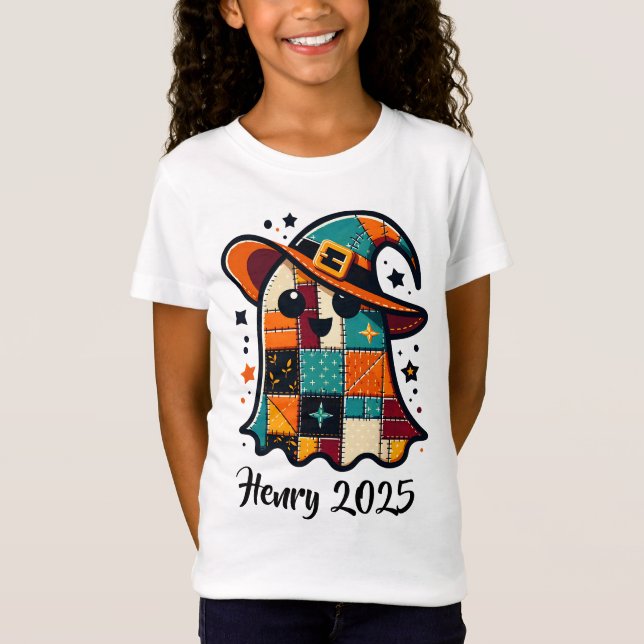 Personlig Cute Patchwork Ghost Halloween T Shirt (Framsida)