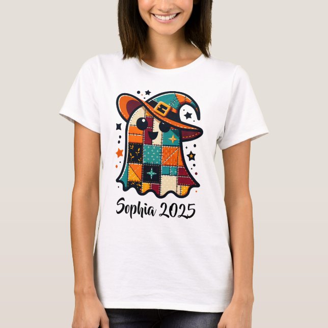 Personlig Cute Patchwork Ghost Halloween T Shirt (Framsida)