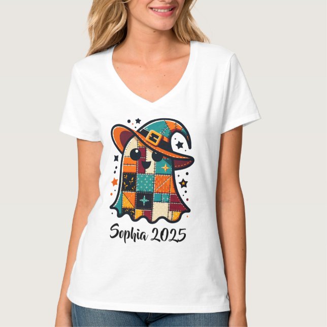 Personlig Cute Patchwork Ghost Halloween T Shirt (Framsida)
