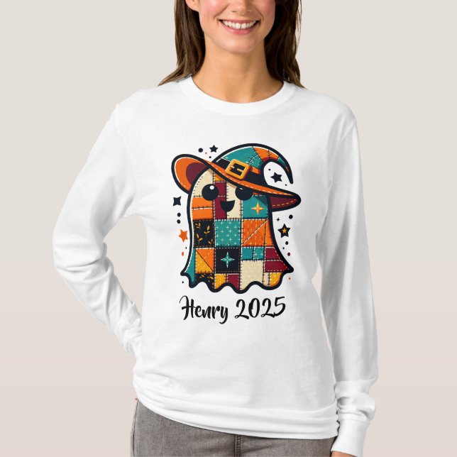 Personlig Cute Patchwork Ghost Halloween T Shirt (Framsida)