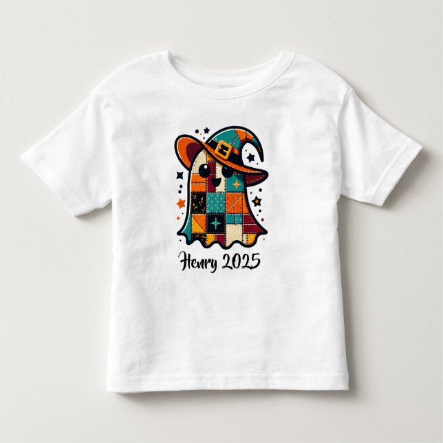 Personlig Cute Patchwork Ghost Halloween T Shirt (Framsida)