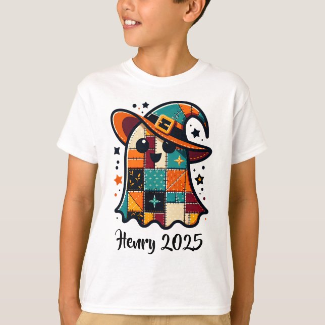 Personlig Cute Patchwork Ghost Halloween T Shirt (Framsida)