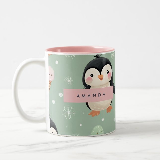 Personlig Cute Penguin & Ice Cream Mönster Två-Tonad Mugg (Vänster)