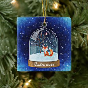 Personlig Cute Red Fox i snöglobe Julgransprydnad Keramik