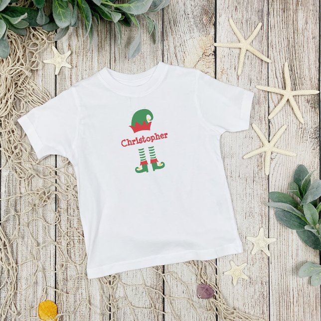 Personlig Cute Red Grönt Elf-Helgdag Jul T Shirt (Personalized Monogrammed Christmas Elf Toddler, Baby T-shirt. Available in many kids sizes)
