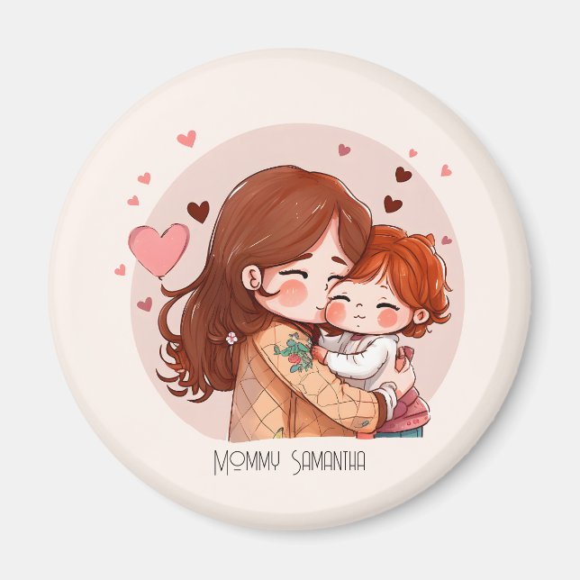 Personlig Cute Red Har Mor och dotter Magnet (Framsidan)