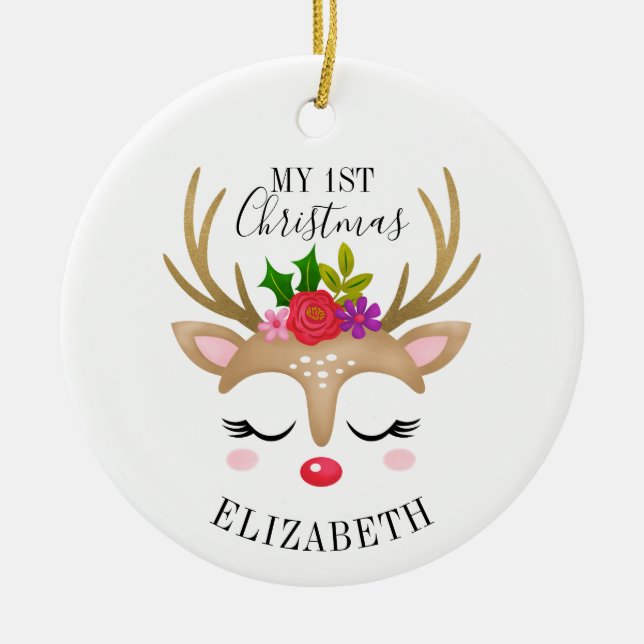 Personlig Cute Reindeer Baby 1:a jul Julgransprydnad Keramik (Framsidan)