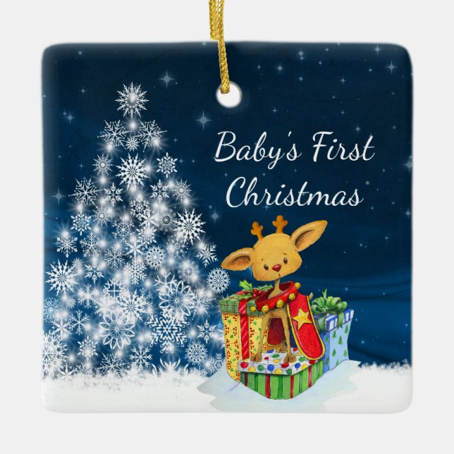 Personlig Cute Reindeer Baby Första jul Julgransprydnad Keramik (Framsida)