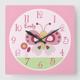 Personlig Cute Rosa Butterfly Nursery Clock Fyrkantig Klocka