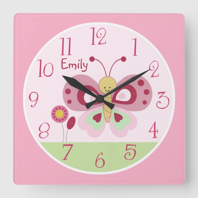 Personlig Cute Rosa Butterfly Nursery Clock Fyrkantig Klocka (Framsida)