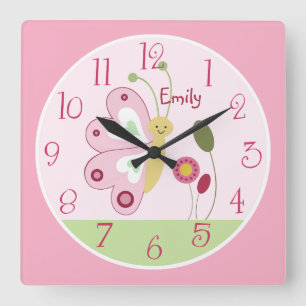 Personlig Cute Rosa Butterfly Nursery Clock Fyrkantig Klocka