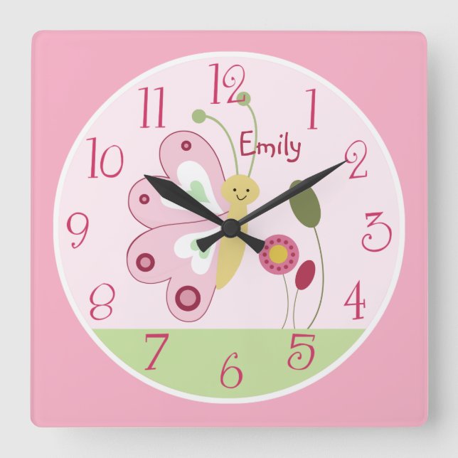 Personlig Cute Rosa Butterfly Nursery Clock Fyrkantig Klocka (Framsida)