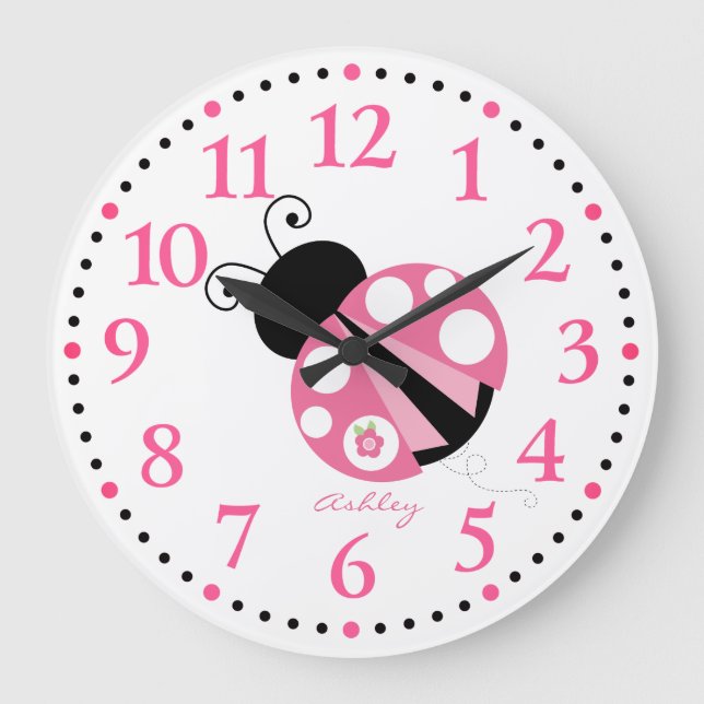 Personlig Cute Rosa Ladybug Large Clock Stor Klocka (Framsida)