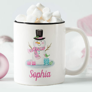 Personlig Cute Rosa Snögubbe Två-Tonad Mugg