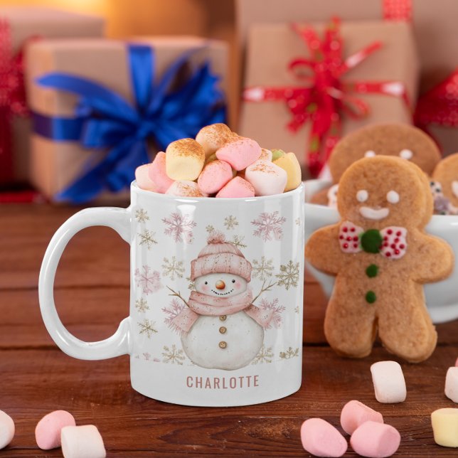 Personlig Cute Rosa Vintern Snögubbe jul Kaffemugg (Personalized Cute Pink Winter Snowman Christmas Coffee Mug)