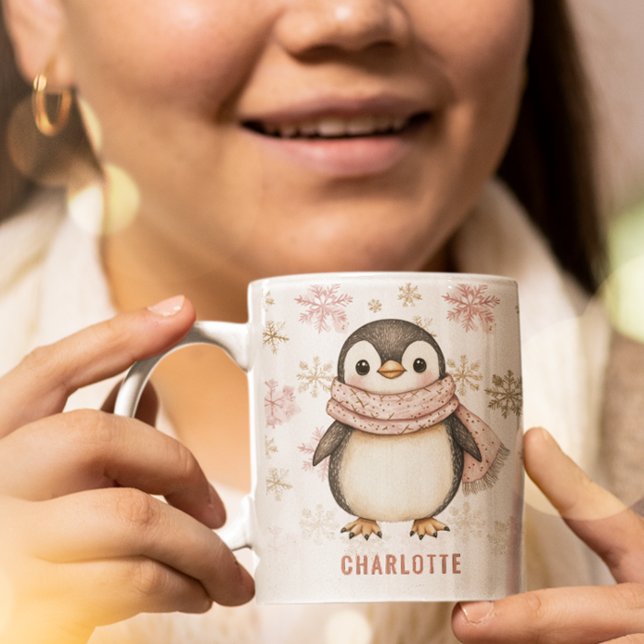 Personlig Cute Rosa Winter Penguin jul Kaffemugg (Personalized Cute Pink Winter Penguin Christmas Coffee Mug)
