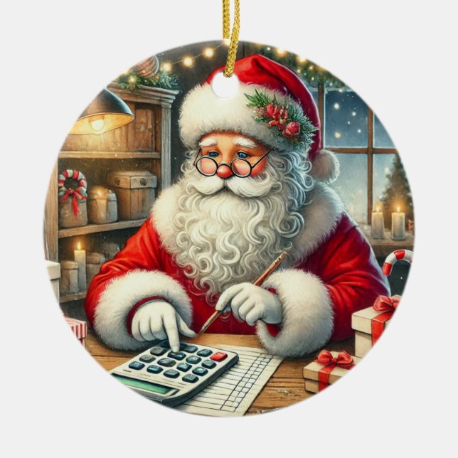 Personlig Cute Santa Doing Accounting Julgransprydnad Keramik (Framsidan)
