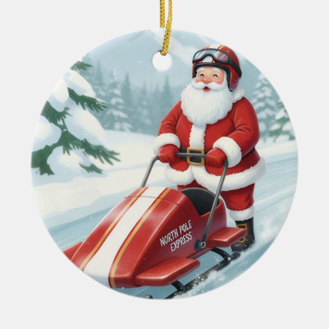 Personlig Cute Santa Doing Snowmobiling Julgransprydnad Keramik (Framsidan)