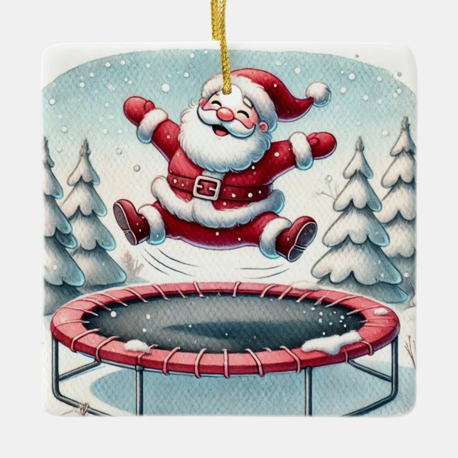 Personlig Cute Santa Jumping på Trampoline Julgransprydnad Keramik (Framsida)
