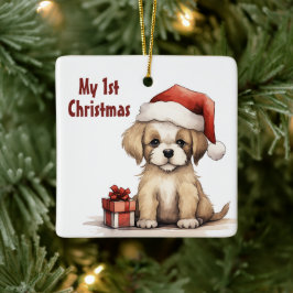 Personlig Cute Santa Puppy Hund 1:a jul Julgransprydnad Keramik