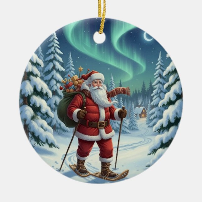 Personlig Cute Santa Snowshoeing Julgransprydnad Keramik (Framsidan)