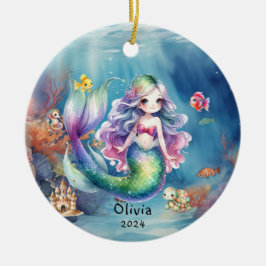 Personlig Cute Sjöjungfru Ocean Photo Watercolor Julgransprydnad Keramik