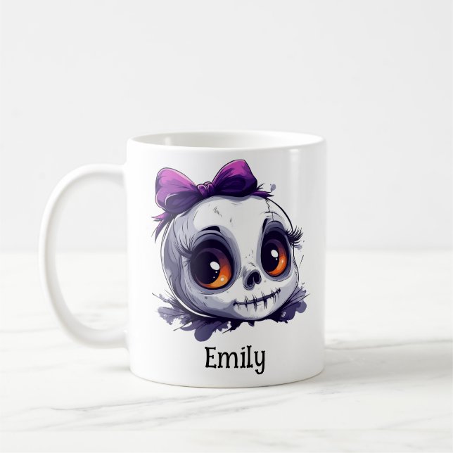 Personlig Cute Skull med Bow Halloween Kaffemugg (Vänster)