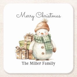 Personlig Cute Snögubbe & Julklapp Underlägg Papper Kvadrat