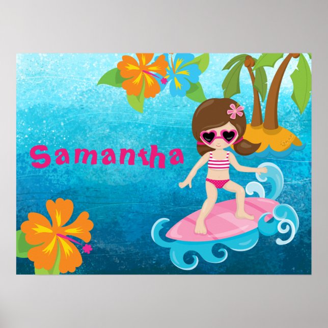 Personlig Cute Surfer Girl Hibiscus och Handflatan Poster (Framsidan)